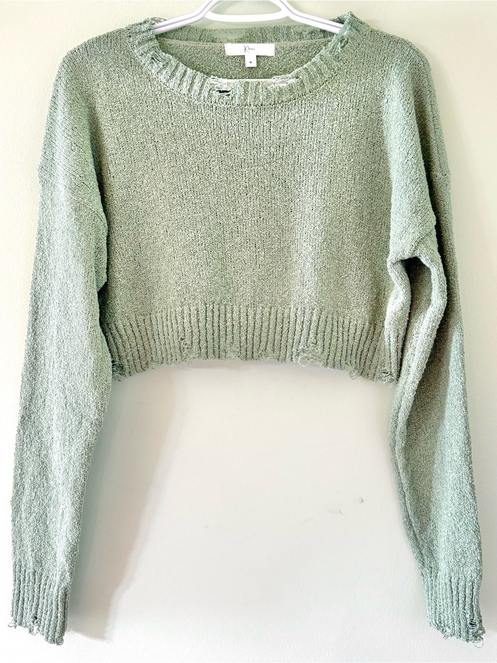 Klesis Sage Green Distressed Cropped Sweater Boho Grunge M